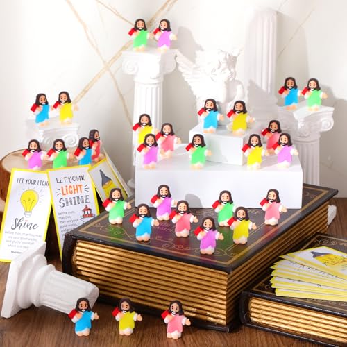 CroBlissful 30 Sets Mini Jesus Figurines Bulk Christian Glow in The Dark with Let Your Light Shine Cards for Christian Sunday School Religious Party Favor Halloween(Holding A Book) - style: Holding A Book
