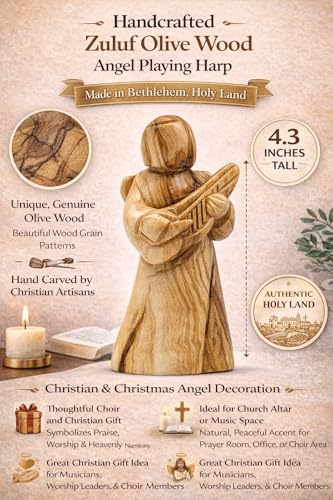 Zuluf Olive Wood Angel Playing Harp (4.3") – Hand Carved Musical Angel Figurine from Bethlehem – Christian Christmas Decor – Church Choir & Music Lover Gift – Holy Land Statue - color: 4.3" Angel Playing Violin