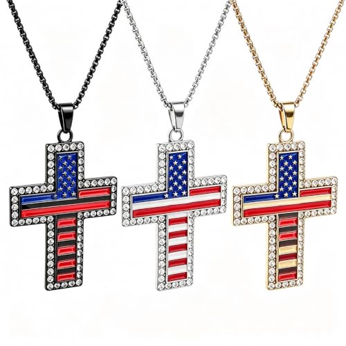 American Flag Cross Pendant Necklace, Silver-Tone, Stars and Stripes, Patriotic Religious Jewelry,for a gift box - color: gold+black+silver