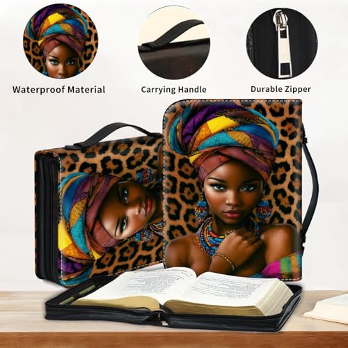 Bible Cover for Women Large PU Leather Zippered Bible Case with Handle and African Woman Design, Christian Bible Cover for Girls & Women, Cover Fits Standard 9.5"x7.5"x2.3" Bible - color: African Woman
