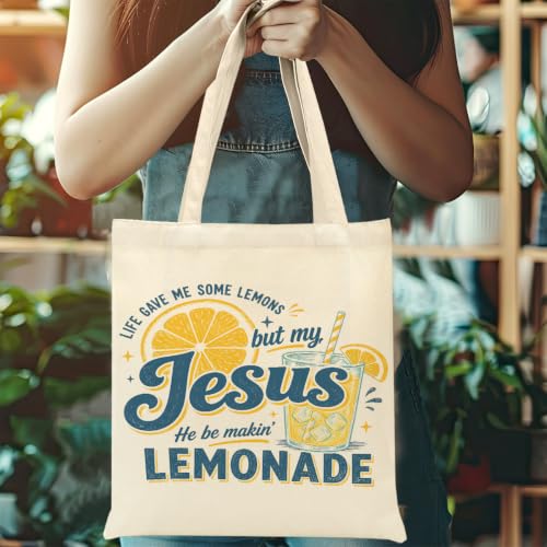 Faith Canvas Tote Bag, Christian Gifts for Women Mama Sister Inspirational Bible Verse Birthday Christmas - color: Lemons 913
