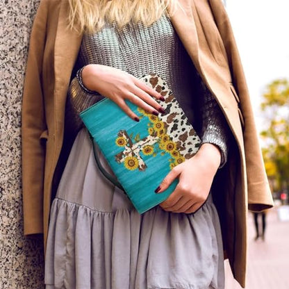 Blue Wood Grain Cross Bible Covers Case, Sunflowers Cow Print Women Girls Bible Cover Church Bag with Top Handle Protective Bible Carrying Case PU Leather Bag - color: Blue Wood Grain Cross - Sunflowers Cow, size: 2X-Large