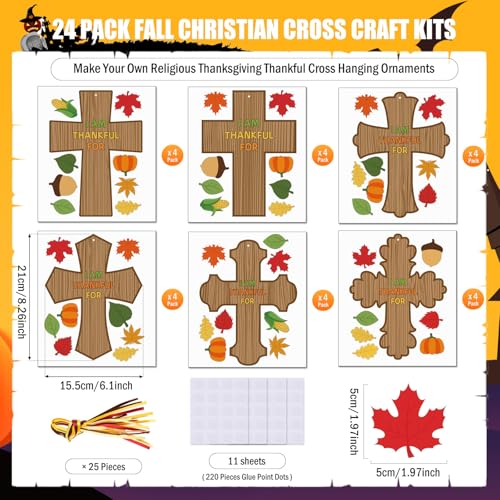 MoDooris 24 Set Fall Cross Craft Kits DIY Thanksgiving Christian Decors Make Your Own Religious Cross Hanging Ornament with Leaf Cutouts for Kids Classroom School Sunday Church Thankful Activity