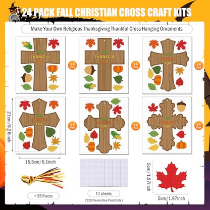 MoDooris 24 Set Fall Cross Craft Kits DIY Thanksgiving Christian Decors Make Your Own Religious Cross Hanging Ornament with Leaf Cutouts for Kids Classroom School Sunday Church Thankful Activity