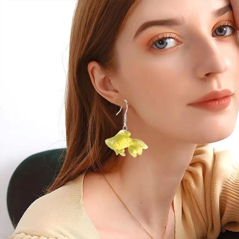 Anmpab Beach Funny Cute Goldfish Dangle Drop Earrings Lovely Resin Transparent Fish Earrings for Women - color: Yellow