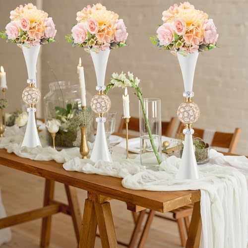 VIJIV White Tall Crystal Flower Vases for Centerpiece - 24'' Large Trumpet Vase for Bouquet Skinny Decorative, Table/Floor Vase Flower Stand for Party Event, Dining Table Décor, Bridal Wedding - color: White, size: Tall-23.6IN