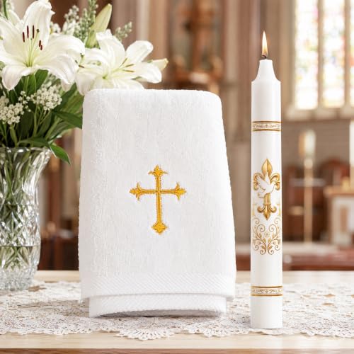 Baptism Candle Set for Boy Girls, Gold Baptismal Candles with Towel - color: Baptism Candle Set