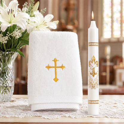 Baptism Candle Set for Boy Girls, Gold Baptismal Candles with Towel - color: Baptism Candle Set