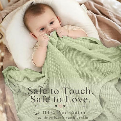 100% Cotton Knitted Baby Blanket, Green Newborn Gift, 40''x31 - color: Green