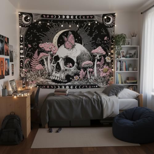 Accnicc Gothic Skull Butterfly Mushroom Tapestry 90 x 68 Inch - color: Pink White, size: 90"L x 68"W
