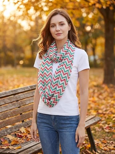 Lina & Lily Holiday Christmas Pattern Print Women's Infinity Scarf Lightweight - color: Red Green White, Chevron