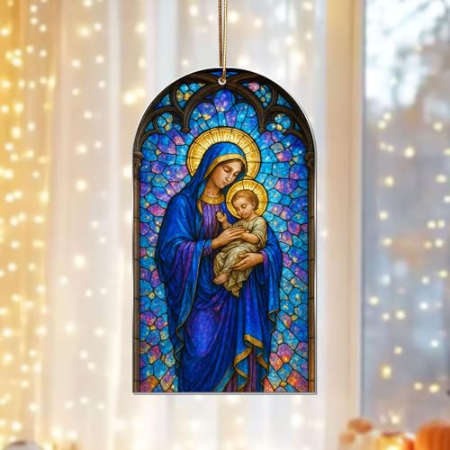 Stained Glass Nativity Ornament – Holy Family Christmas Ornament 2025, Flat Acrylic Sun Catcher, Religious Christian Tree Decoration, Catholic Gift for Mom Dad Family