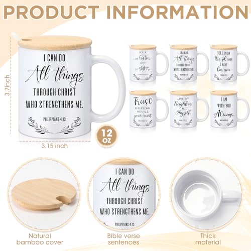 Maxdot 6 Sets Christian Gifts for Women Men Christian Mugs Bulk 12oz Coffee Mug with Lid Handle Spoon Religious Inspirational Scripture Ceramic Cup for Sunday School Vbs Grandparents(English) - style: English