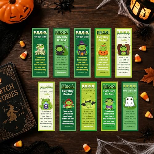 Fully Rely on God Frog Bookmarks - Cosmisun 200 Pcs Halloween Bookmark Paper Christian Bible Verse Book Marks Page Marker Church Gifts for Women Men Sunday School Book Lovers VBS Party Rewards - color: Halloween Frog