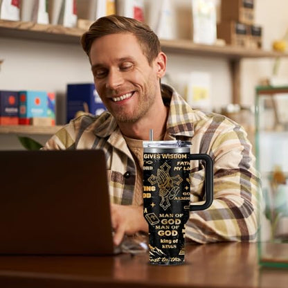 Christian Man Of God Tumbler for Men Jesus Religious Stainless Steel Insulated Coffee Cup God Mug 40oz with Handle and Straw Keeps Drinks Cold & Hot - color: Christian/Goose