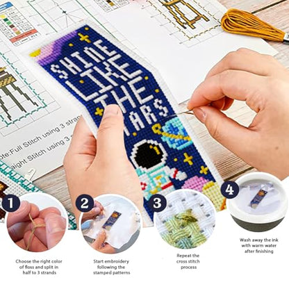 ORIGACH 6 Pcs Space Cross Stitch Bookmark Kit for Beginners - style: Cosmic Space & Inspirational Quotes