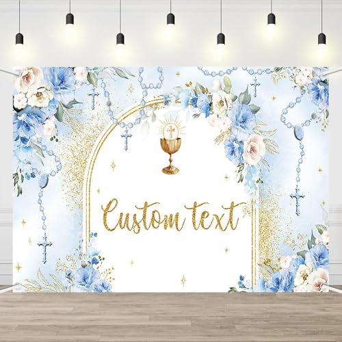 AIBIIN 7x5ft First Holy Communion Custom Backdrop for Boy Mi Primera Comunión Personalized Party Decorations Blue and Elegant Floral Party Banner Dove Bible God Bless Party Photo Prop - color: Blue Custom, size: 7x5ft