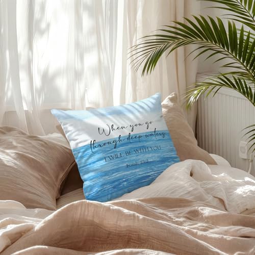 Coastal Beach Christian Throw Pillow Covers 18x18 Inch, Blue Ocean Beach Bible Verse Decorative Pillow Cover for Bedroom Living Room Couch Sofa, Religious Accent Pillows Cover Pillowcases