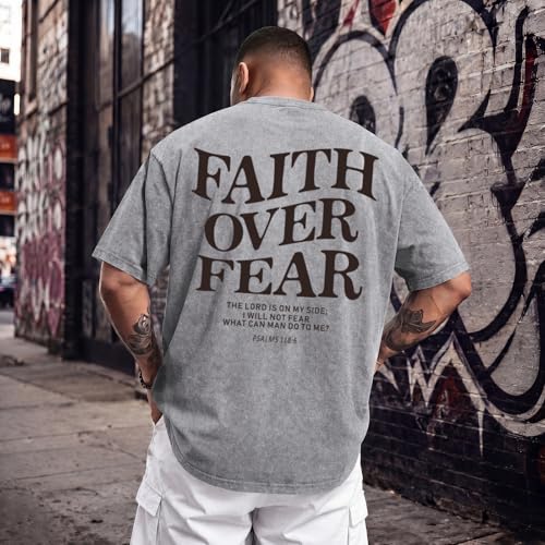 Tuislay Faith Over Fear Shirt Men Jesus Christian Shirts Oversized Graphic Tshirts God Religious Bible Verse T-Shirts Clothes - color: Light Gray, size: Large