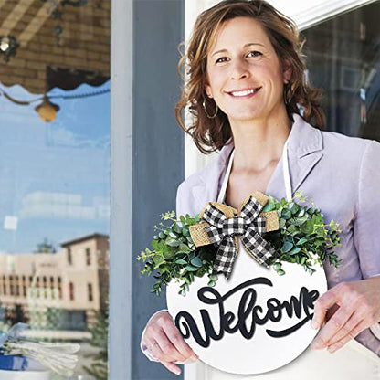 White Welcome Sign for Front Door, 12 Inch Round Wood Wreath