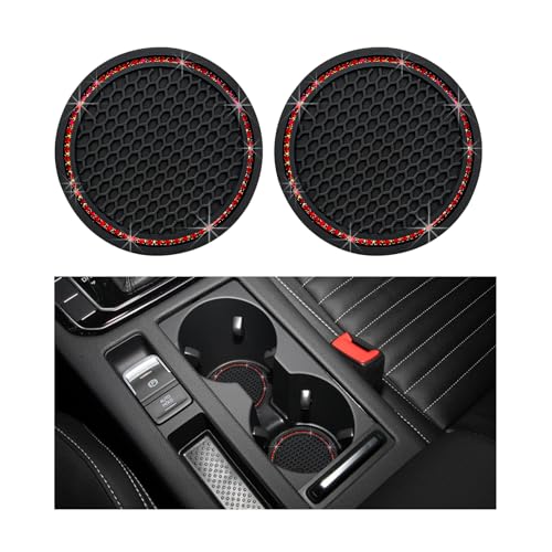 Dickno 2 PCS Bling Car Cup Coaster, 2.75 Inch Crystal Rhinestone Auto Cup Holder Insert Coaster, Anti-Slip Durable Car Drink Cup Mat, Universal Vehicle Interior Decor Accessories (Black & Red) - color: Black+red, size: 2 PCS