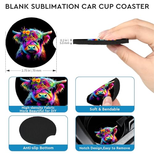 2 Pack Highland Cow Car Cup Holder Coasters Universal Neoprene Coasters - color: Colour Cow
