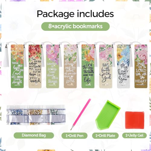8 Pieces Christian Bible Verse Diamond Art Bookmarks 5d Christian Beaded Bookmark Acrylic Tassel Bookmark for DIY Making Beginners Adults Arts Craft Supplies (Floral Christian) - color: Floral Christian