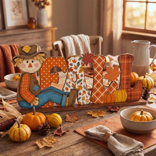 Yousoontic Fall Scarecrow Table Decorations Wooden Autumn Table Centerpieces Farmhouse Pumkin Maple Leaves Tabletop for Home Harvest Thanksgiving Kitchen Office(Fall) - style: Fall