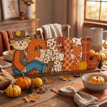 Yousoontic Fall Scarecrow Table Decorations Wooden Autumn Table Centerpieces Farmhouse Pumkin Maple Leaves Tabletop for Home Harvest Thanksgiving Kitchen Office(Fall) - style: Fall