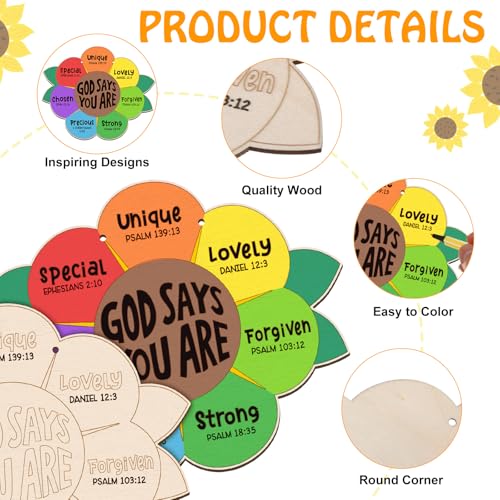 12 Sets Sunday School Crafts for Kids Wooden Sunflower Painting - style: God Says You Are