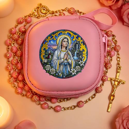 Handmade Rosary Beads for Women, Elegant Catholic Gifts for First Communion, Confirmation & Spiritual Prayer, Unique Beaded Rosary Necklace with Zippered Case - color: Pink - Our Lady of Lourdes