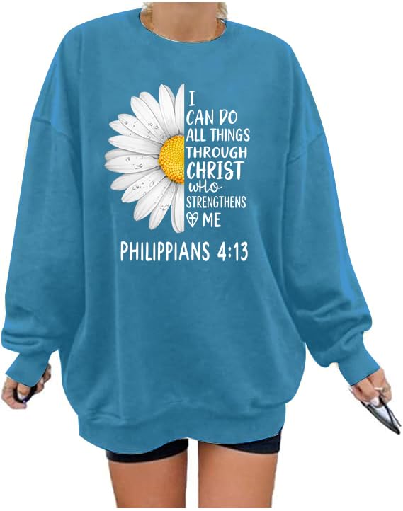 Christian Sweatshirts For Women Oversize Daisy Print Sweatshirts - color: Blue2, size: Small