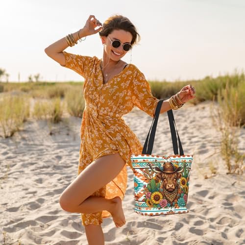 Christian Tote Bags for Women Bible Bags for Women Religious Gifts Bible Church Bag Reusable Grocery Shopping Bag - color: Flowers Highland Cow