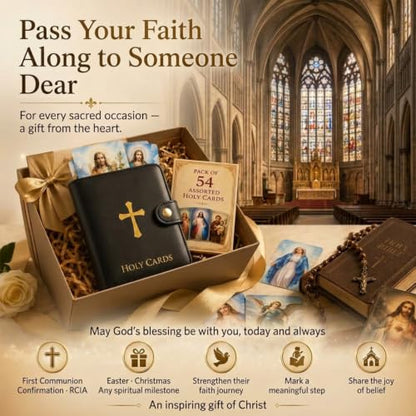 Catholic Faux Leather Holy Prayer Card Holder–pocket Organizer with 54 Cards Snap Closure for Mass Funeral Daily & Religious and Memorial Use Gifts Carrying Each Case Bag Closet Essentials