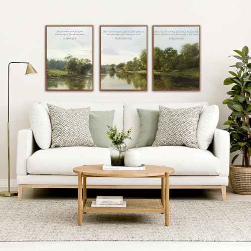 LHIUEM Religious Canvas Wall Art Set of 3, Serene River Landscape with Bible Verses, Christian Inspirational Decor, Rustic Nature Scenery Pictures, Spiritual Faith Wall Decor for Living Room Bedroom - color: Religious