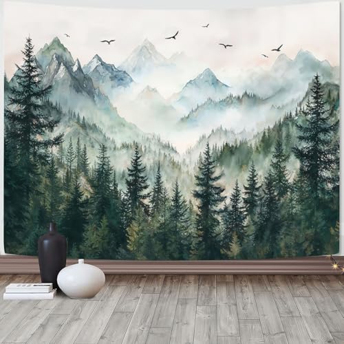 Zussun Misty Forest Mountain Tapestry Sage Green Nature Pine Tree Tapestry for Bedroom Aesthetic Watercolor Foggy Woodlands Birds Landscape Tapestries Wall Hanging for Living Room Dorm 48 x 36 Inch - color: Dark Green, size: 48"L x 36"W