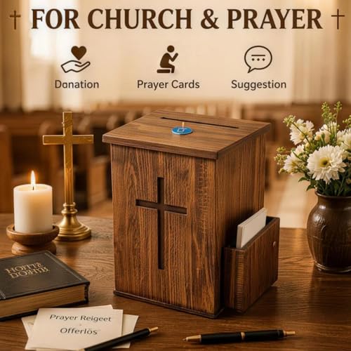 Wooden Donation Box with Lock, Prayer Request Box, Church Offering & Suggestion Box