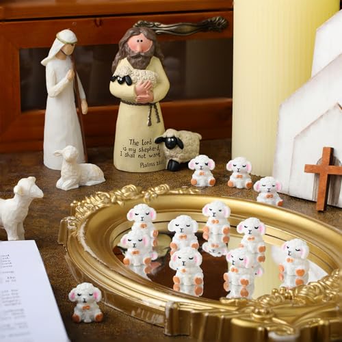 Suzile 50pcs Mini Resin Sheep with Cross Christmas Religious Lamb Figurine