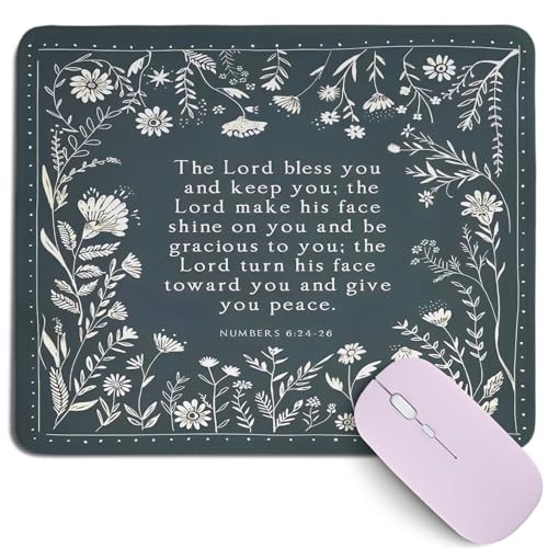 Christian Bible Verse Mouse Pad,Jesus Religious Mouse Pads,Cyan Blue Flowers Desk Mat,Christian Desk Decor for Home Office Dorm,Religious Office Supplies Desk Accessories,10.2x8.2Inch - color: Bible