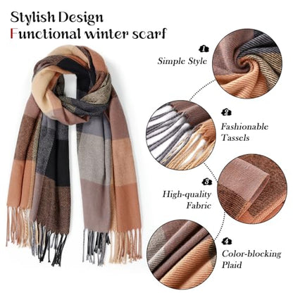 Clothirily Womens Winter Scarf, Oversized Long Blanket Plaid Shawl Wrap - color: Brown Grey Lattice