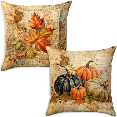 Farmhouse Fall Maple Leaf Pumpkin Throw Pillow Covers 18x18 Set of 2 - color: Pumpkin-7