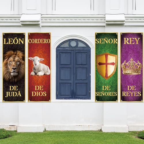 4Pcs Spanish Church Banners for Sanctuary Wall Worship Religious Banners Hanging Backdrop Christian Porch Signs Bible Verses Banner Scripture Hanging Signs for Church School Decor - style: Spanish Bible Verses