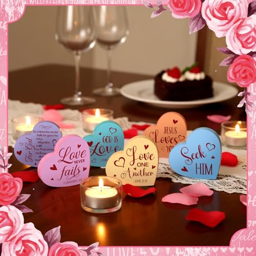 Funnymoom 6 Pcs Valentines Day Decorations Wooden Sign Christian Valentines Day Table Decorations Wood Heart Table Centerpiece Religious Bible Verses Tabletop Decor for Home Kitchen Office Desk Decor