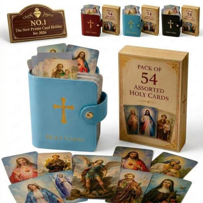 Catholic Faux Leather Holy Prayer Card Holder–pocket Organizer with 54 Cards Snap Closure for Mass Funeral Daily & Religious and Memorial Use Gifts Carrying Each Case Bag Closet Essentials