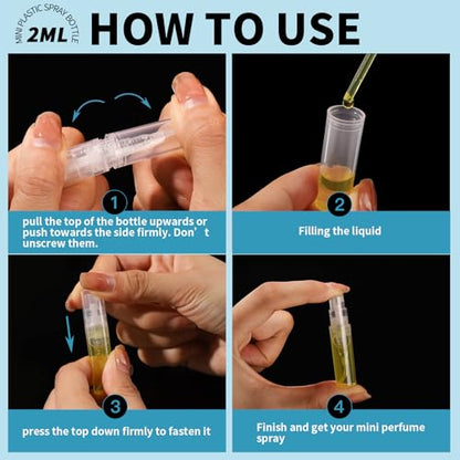 Fandamei Mini Spray Bottle, 60PCS 2ml Mini Clear Plastic Spray Bottle Empty, Fine Mist Refillable Mini Perfume Bottle. Small Empty Sample Containers Bottle. 2ml, 60 Pack, Clear, FANL-093 - size: 2ml