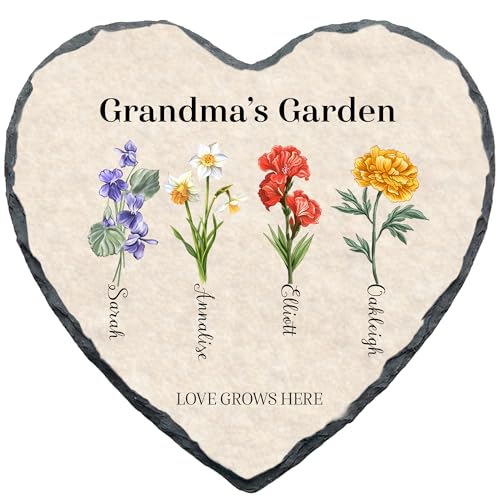 Personalized Grandma Garden Stone Heart with Grandkids Names & Birth Flowers – Custom Slate Gift for Nana, Mimi & Mom – Heartfelt Plaque for Mother’s Day, Birthday Gifts (S-202) - color: S-202