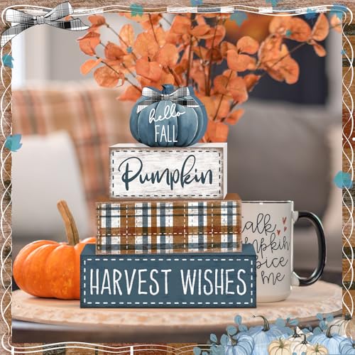 Britimes Fall Farmhouse Tiered Tray Decor Set, 4 Pack, Wooden - color: Blue Pumpkin
