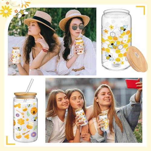 Mumufy 4 Pack Honey Bee Floral Glass Cup, 16 oz Tumbler Mug with Bamboo Lid - style: Honey Bee Floral