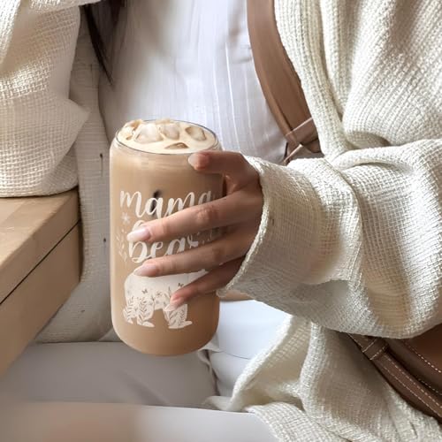 Mom Gifts - Mama Bear 16 Oz Can Glass Tumbler with Bamboo Lid and Straw - Iced Coffee Cups for Women, Aesthetic Glass Cup Gift for Birthday Christmas Mother's Day - color: Mom 4