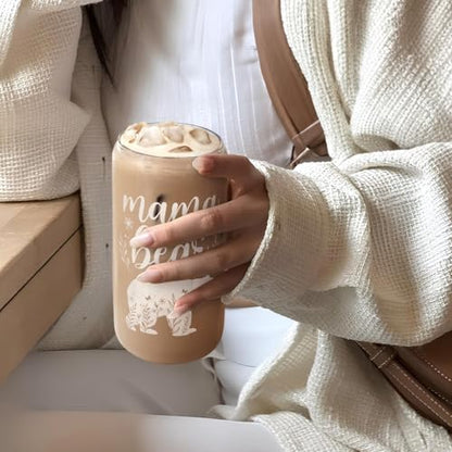Mom Gifts - Mama Bear 16 Oz Can Glass Tumbler with Bamboo Lid and Straw - Iced Coffee Cups for Women, Aesthetic Glass Cup Gift for Birthday Christmas Mother's Day - color: Mom 4